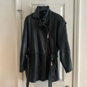Andrew Marc leather jacket, belted with zip pockets.
